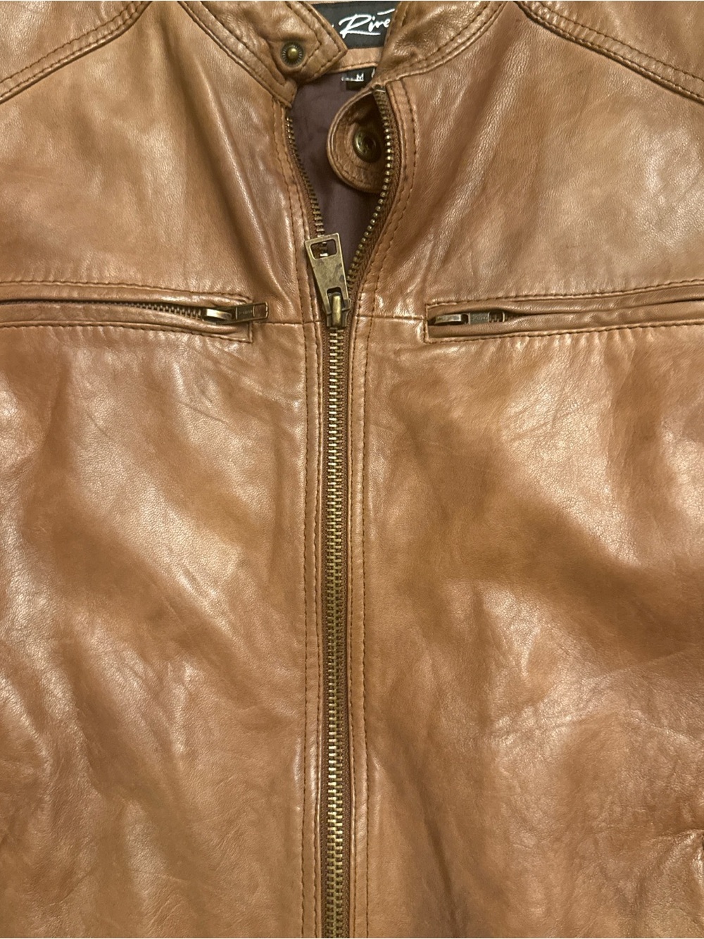 Black Rivet: Cognac Cafe Racer-Style Leather Jacket medium - Picture 2 of 7